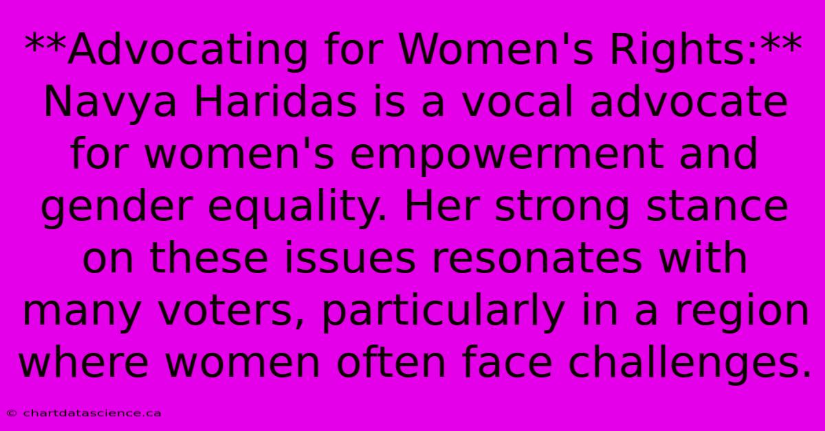 **Advocating For Women's Rights:**  Navya Haridas Is A Vocal Advocate For Women's Empowerment And Gender Equality. Her Strong Stance On These Issues Resonates With Many Voters, Particularly In A Region Where Women Often Face Challenges.