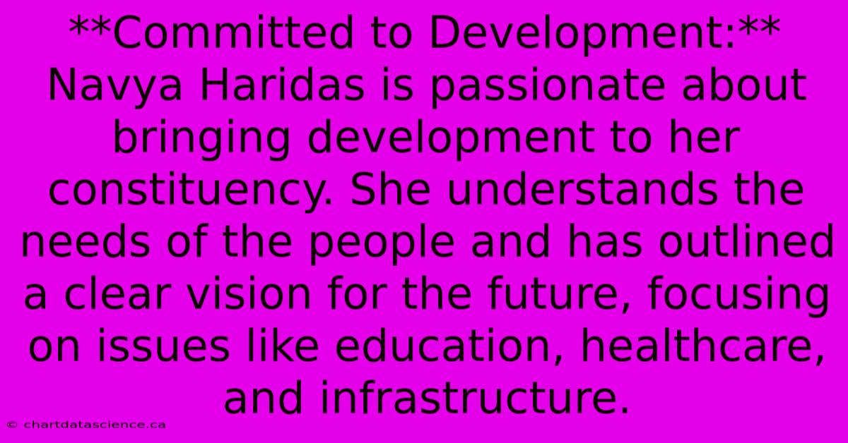 **Committed To Development:** Navya Haridas Is Passionate About Bringing Development To Her Constituency. She Understands The Needs Of The People And Has Outlined A Clear Vision For The Future, Focusing On Issues Like Education, Healthcare, And Infrastructure.