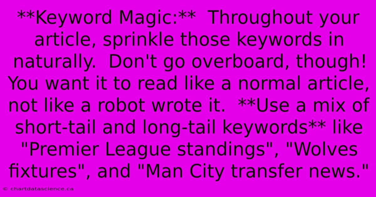 **Keyword Magic:**  Throughout Your Article, Sprinkle Those Keywords In Naturally.  Don't Go Overboard, Though! You Want It To Read Like A Normal Article, Not Like A Robot Wrote It.  **Use A Mix Of Short-tail And Long-tail Keywords** Like 