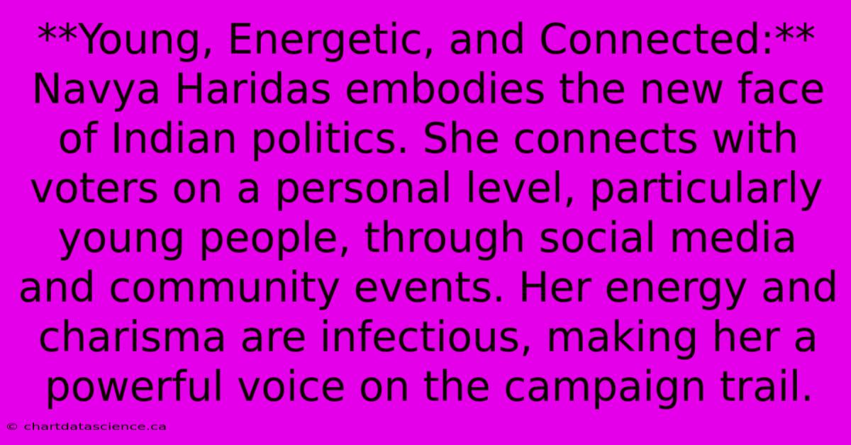 **Young, Energetic, And Connected:** Navya Haridas Embodies The New Face Of Indian Politics. She Connects With Voters On A Personal Level, Particularly Young People, Through Social Media And Community Events. Her Energy And Charisma Are Infectious, Making Her A Powerful Voice On The Campaign Trail.